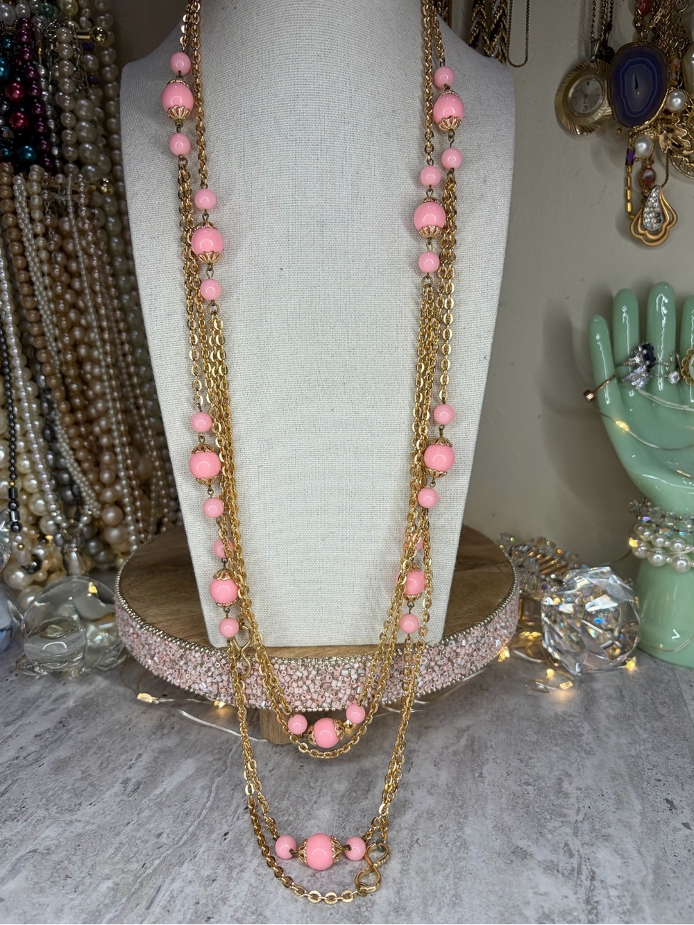 Vintage Aluminum Push Clasp Necklace Pink Gold Tone Jewelry Multi Chain Strand